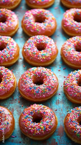 Colorful donuts decorated with sprinkles served on a blue background