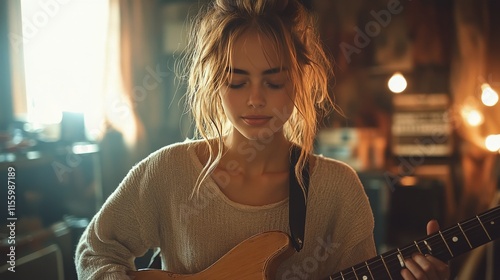 Young woman playing guitar in a cozy, warmly lit room during late afternoon