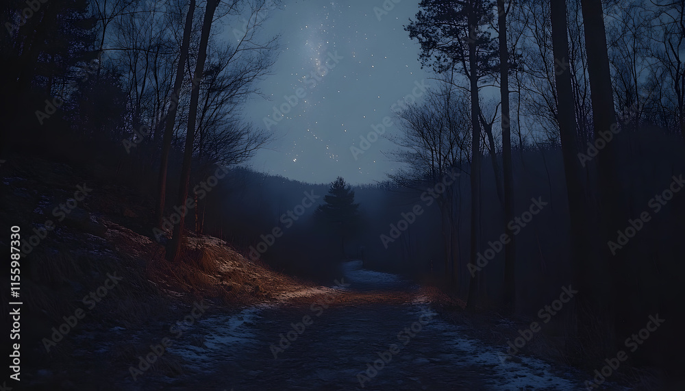 Obraz premium Mystical Night Forest Path Under Starry Sky
