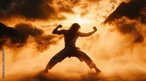 Wallpaper Mural Silhouette of muscular man in martial arts pose against dramatic sunset. Torontodigital.ca