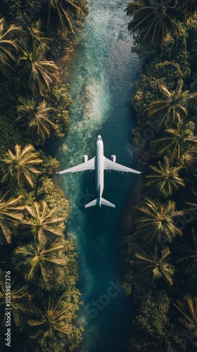 Airplane flying over lush greenery and tranquil waters in a tropical location