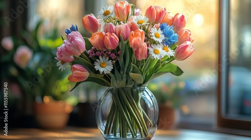 Colorful tulips and daisies arranged beautifully in a glass vase on a pastel ...