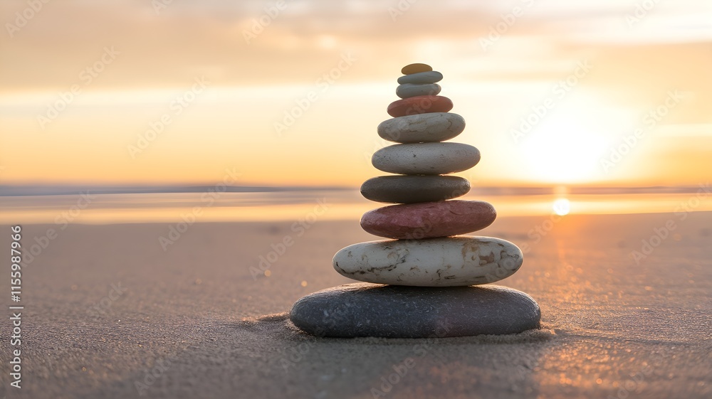 Vibrant stones piled on the beach at dawn under a golden sky are ideal for mindfulness, life balance, relaxation, meditation, and wellness themes. Vibrant stones piled on the beach at dawn under a golden sky are ideal for mindfulness, life balance, relaxation, meditation, and wellness themes.