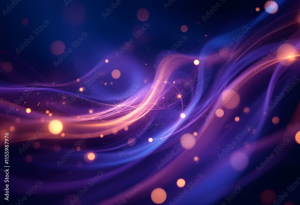Magical purple and orange glowing waves with bokeh lights on dark background. Abstract cosmic design with fluid motion effect. Dynamic celestial pattern for modern digital art Magical purple and orange glowing waves with bokeh lights on dark background. Abstract cosmic design with fluid motion effect. Dynamic celestial pattern for modern digital art