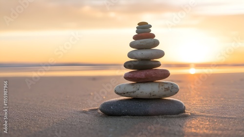 Vibrant stones piled on the beach at dawn under a golden sky are ideal for mindfulness, life balance, relaxation, meditation, and wellness themes. photo