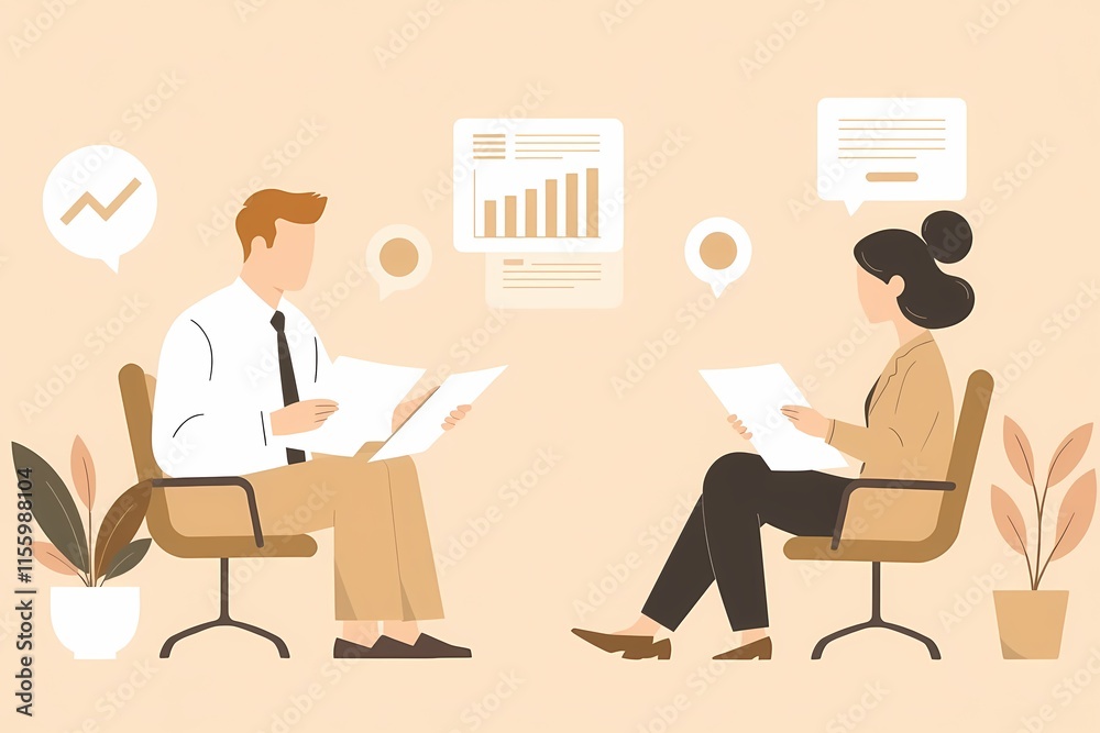 Business Colleagues Reviewing Documents: A calm and productive meeting between two business professionals reviewing documents together. The illustration showcases a collaborative work environment. Business Colleagues Reviewing Documents: A calm and productive meeting between two business professionals reviewing documents together. The illustration showcases a collaborative work environment.