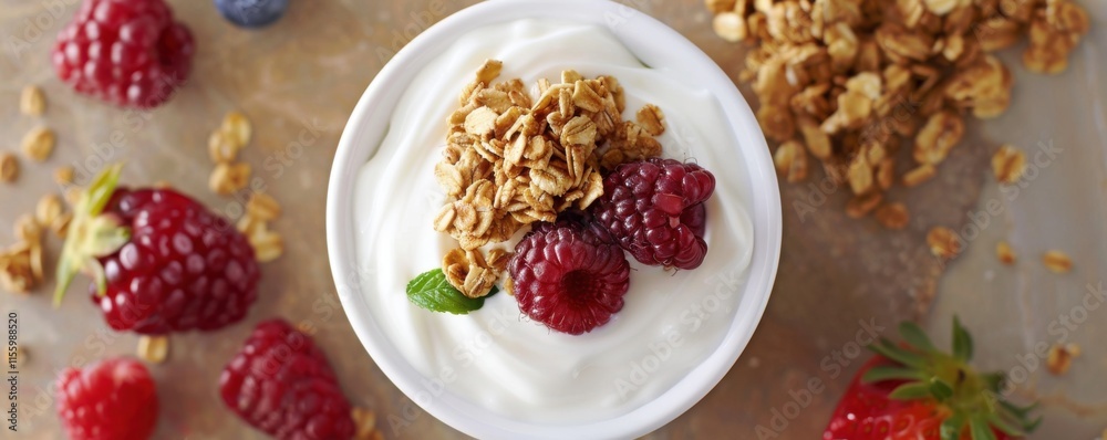 A bowl of yogurt topped with granola, raspberries, and a mint leaf A bowl of yogurt topped with granola, raspberries, and a mint leaf