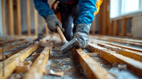 Construction worker using hammer to shape wood at a job site in the evening
