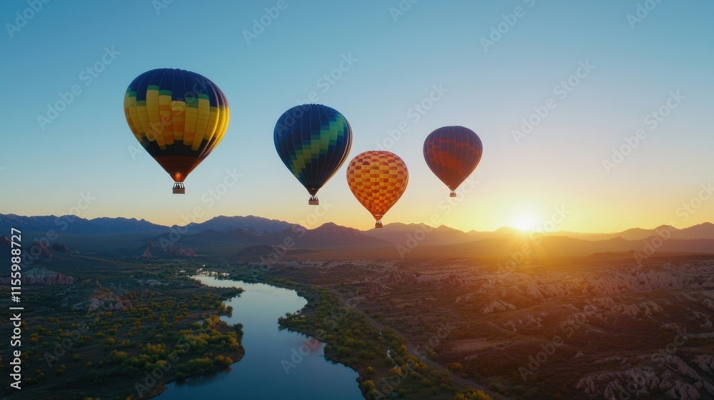 Naklejka premium Vibrant hot air balloons at sunrise over majestic desert landscape