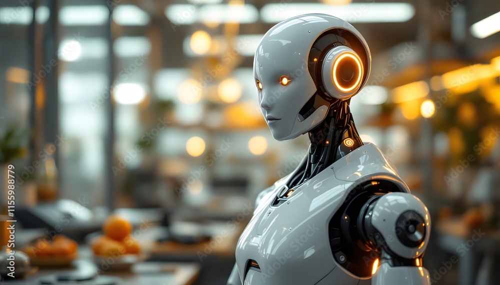 Fototapeta premium Futuristic robot with glowing orange eyes on blurred background. Modern artificial intelligence and robotics technology concept. Robotic automation in action side view