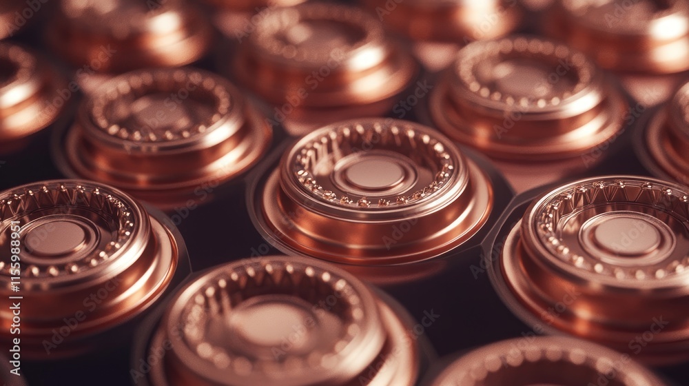Close-up of Copper Industrial Components with Geometric Patterns and Detailed Engineering Design for Precision Manufacturing Close-up of Copper Industrial Components with Geometric Patterns and Detailed Engineering Design for Precision Manufacturing
