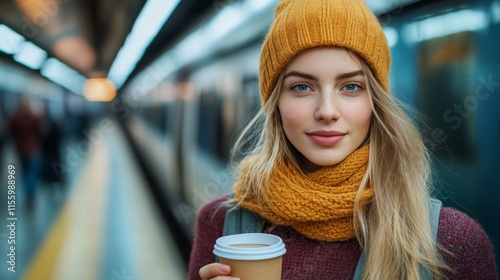 Young woman with blue eyes and orange beanie waits at the subway station, hol...