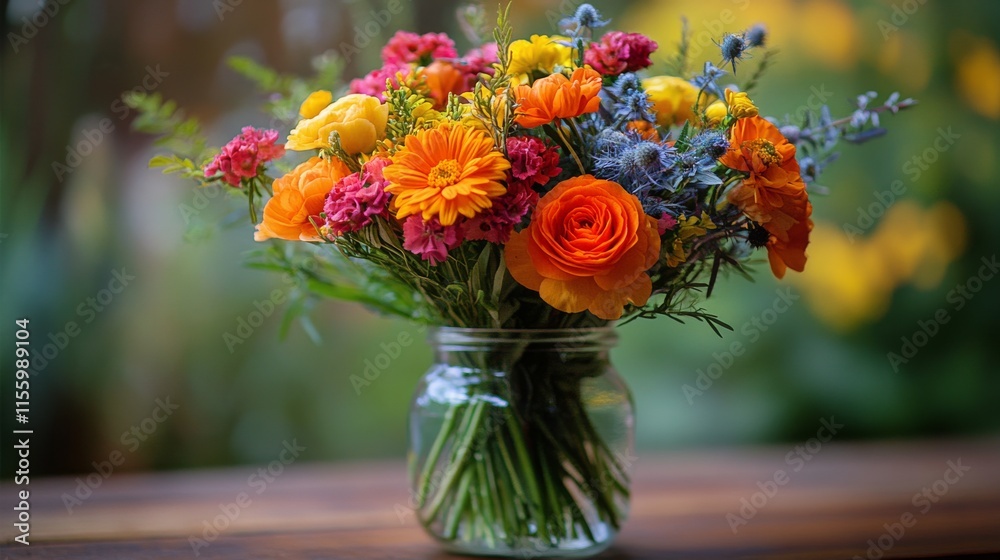 Fototapeta premium Colorful bouquet of roses and flowers in a glass vase on a wooden table in a cozy setting