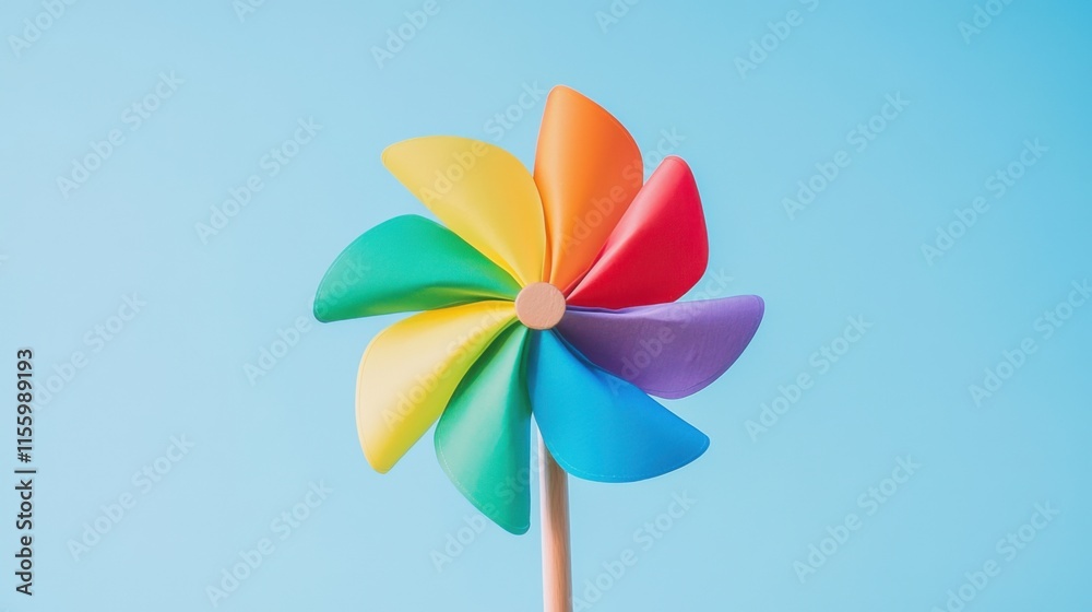 Vibrant rainbow pinwheel spinning in the spring breeze against a clear blue sky Vibrant rainbow pinwheel spinning in the spring breeze against a clear blue sky