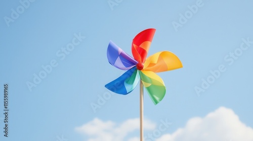 Vibrant rainbow pinwheel spinning against a clear blue sky for windy spring day concept photo