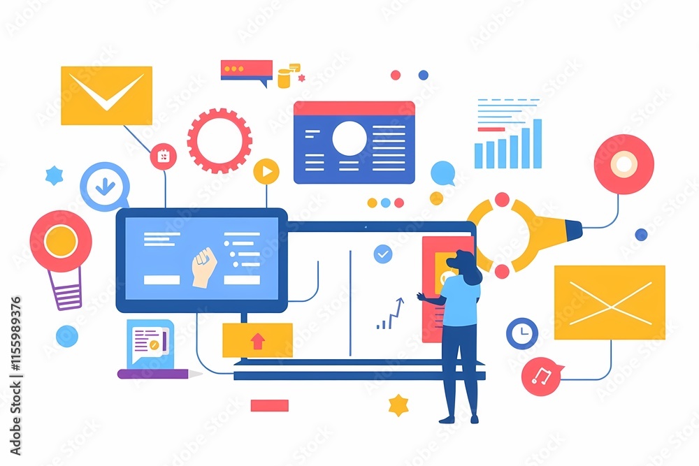 Digital Marketing Strategy: A woman interacts with a large computer screen surrounded by colorful icons representing various digital marketing channels. Digital Marketing Strategy: A woman interacts with a large computer screen surrounded by colorful icons representing various digital marketing channels.