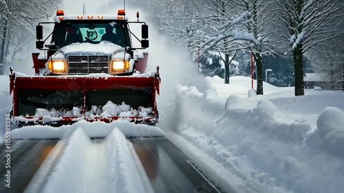Snow removal truck clearing the road during a heavy snowfall with trees blanketed in snow