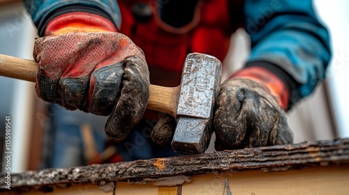 Construction worker using hammer to shape wood at a job site in the evening
