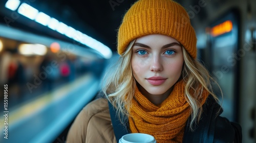 Young woman with blue eyes and orange beanie waits at the subway station, hol...