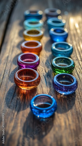 Colorful geometric arrangement of metal rings on a wooden surface in a creati...