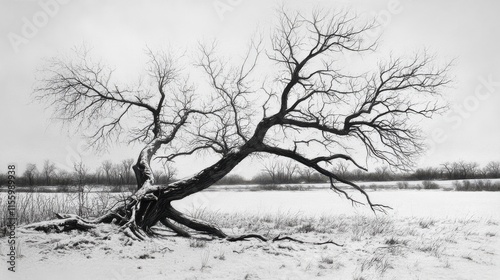 Dead tree in a snow-blanketed field, the quiet stillness of winter captured in raw detail, serene and haunting photo