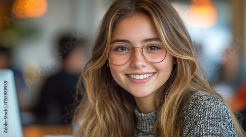 Smiling young woman in a cozy cafe with soft lighting and rustic decor