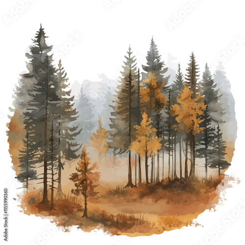 A watercolor drawing of a foggy morning in an autumn forest, isolated on a white background. Autumn forest vector.
