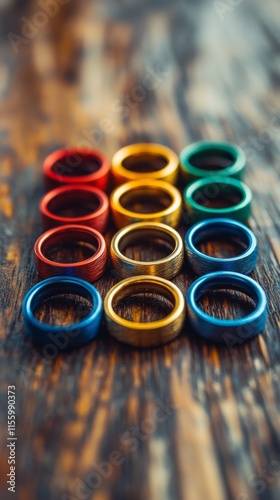 Colorful geometric arrangement of metal rings on a wooden surface in a creati...