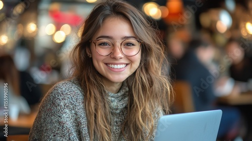 Smiling young woman in a cozy cafe with soft lighting and rustic decor