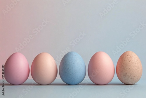 Colorful pastel eggs arranged in a row on a light surface for festive decoration