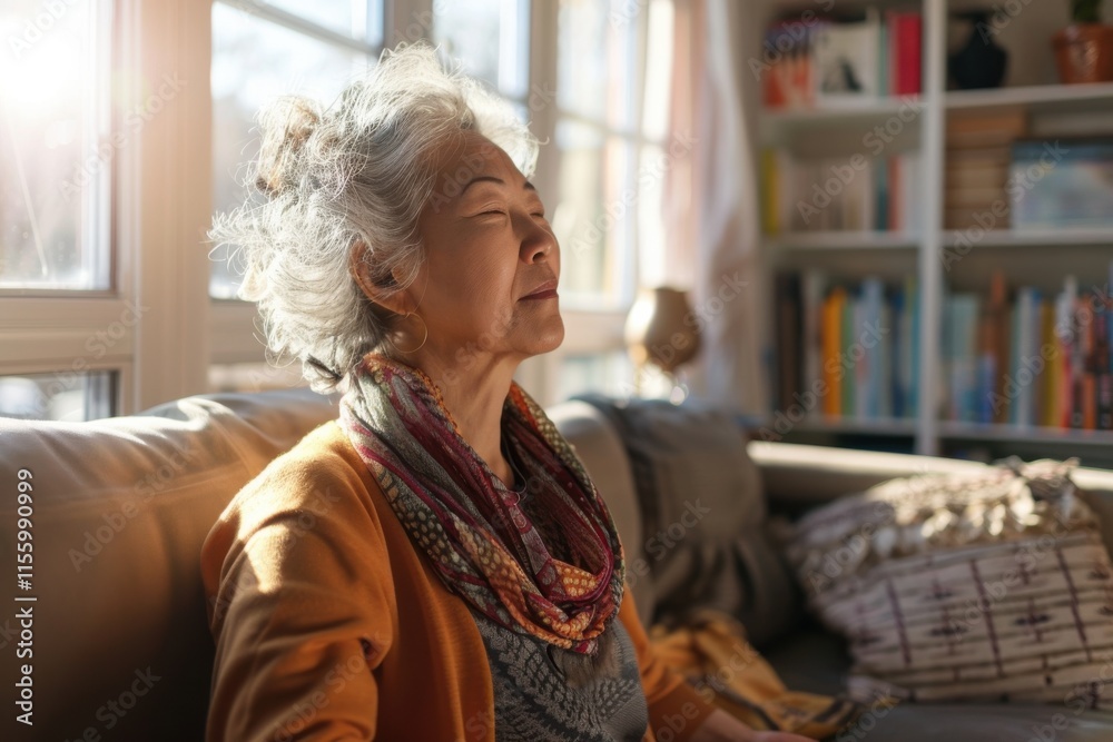 Senior woman meditating peacefully in a sunlit living room, surrounded by soft, natural light. Senior woman meditating peacefully in a sunlit living room, surrounded by soft, natural light.