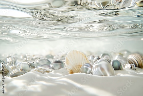 Nacreous pearls and shells lie beneath the clear water on the white sand, an empty space