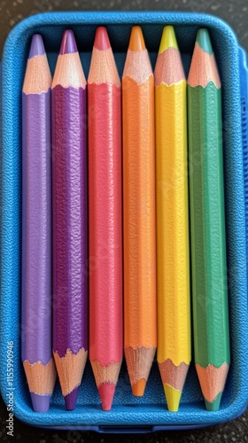Colorful pencil case filled with assorted colored pencils neatly arranged for...
