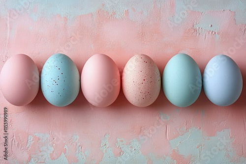 Colorful pastel eggs arranged in a row on a light surface for festive decoration
