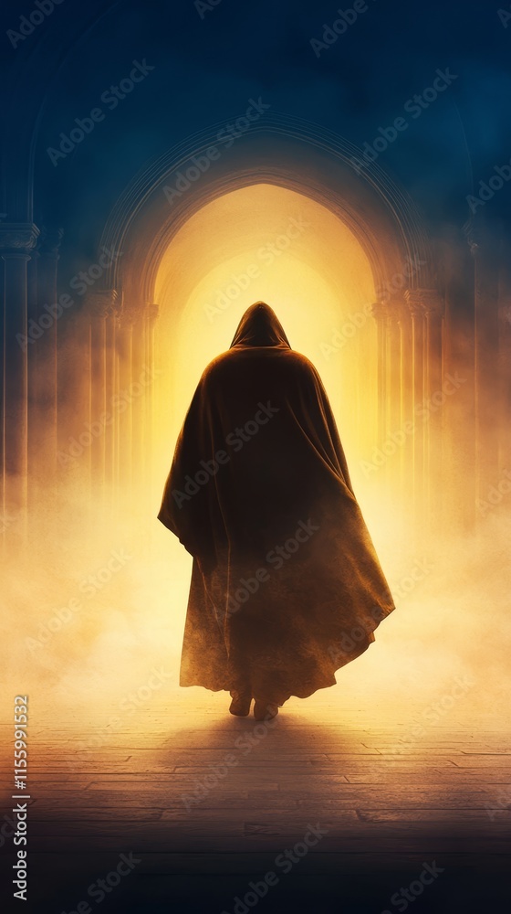 A man in a hooded cloak walking through an archway A man in a hooded cloak walking through an archway