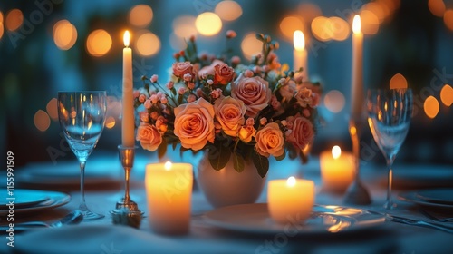 Romantic dinner setting with candles and roses in cozy restaurant at night