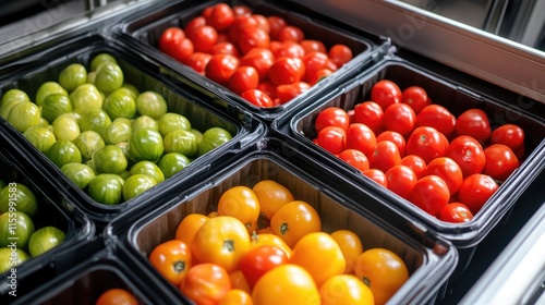 Fresh tomatoes and tomatillos arranged in containers for sale. photo