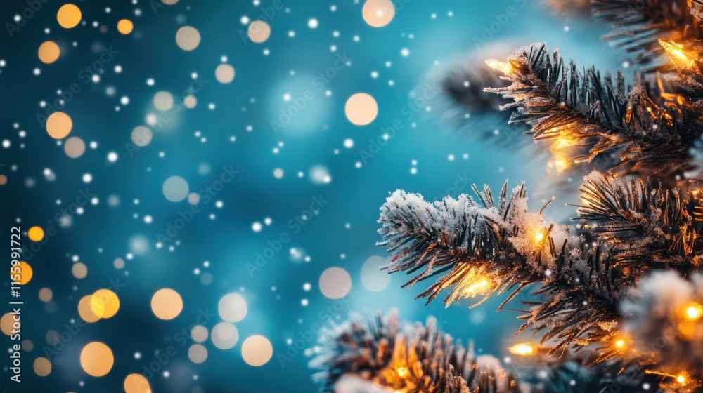 Christmas winter banner with bokeh and fluffy snow-covered fir trees and sparkling snowflakes on blue sky background for poster or backdrop Christmas winter banner with bokeh and fluffy snow-covered fir trees and sparkling snowflakes on blue sky background for poster or backdrop