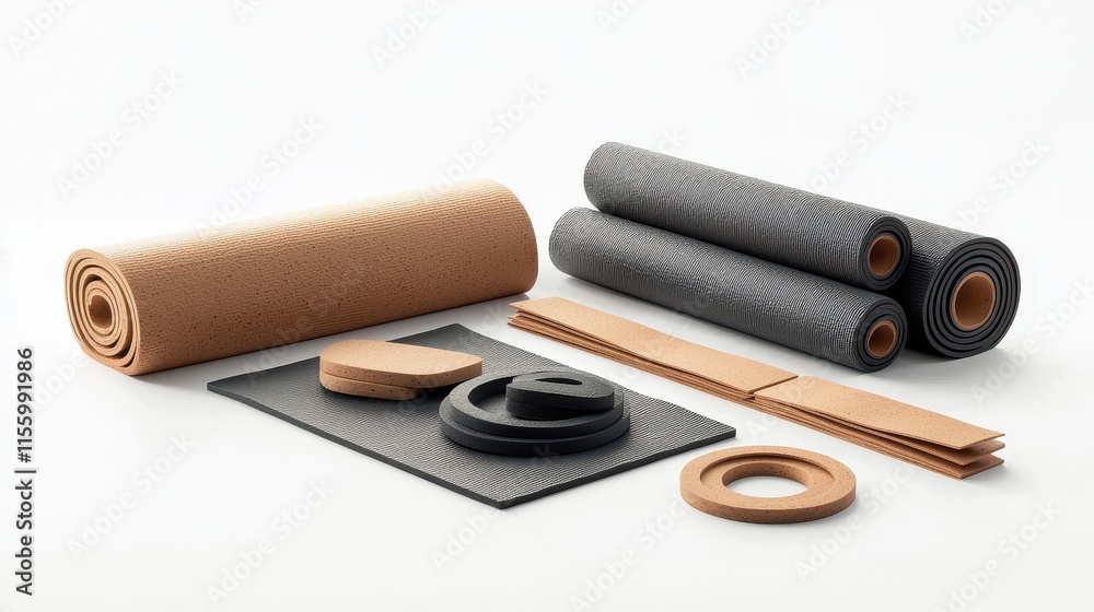 A set of yoga mats and accessories for home workout on a white isolated background A set of yoga mats and accessories for home workout on a white isolated background