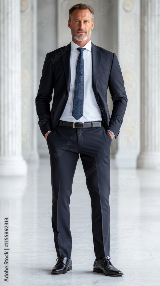 A man in a suit and tie standing in a hallway A man in a suit and tie standing in a hallway