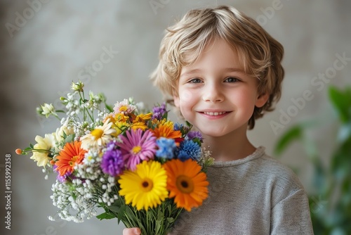 Young boy happily holding a colorful bouquet of flowers in a vibrant setting
