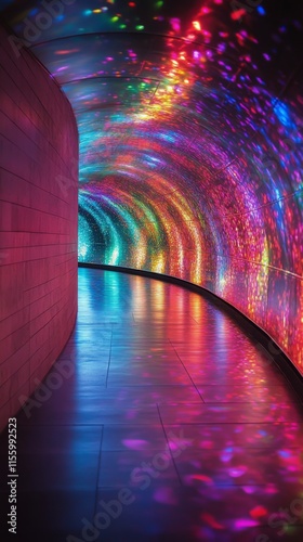Vibrant light display in a colorful underground tunnel during evening hours