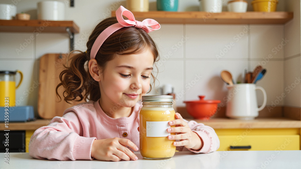 Happy young girl with a pink bow examining a jar of orange juice in a kitchen Happy young girl with a pink bow examining a jar of orange juice in a kitchen