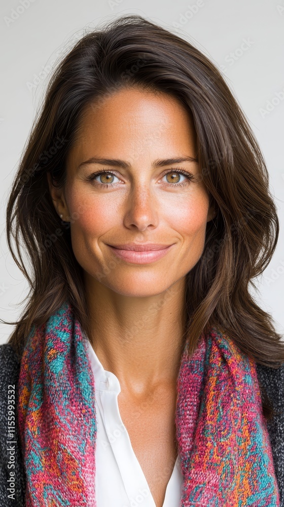 Fototapeta premium A woman wearing a colorful scarf smiles at the camera