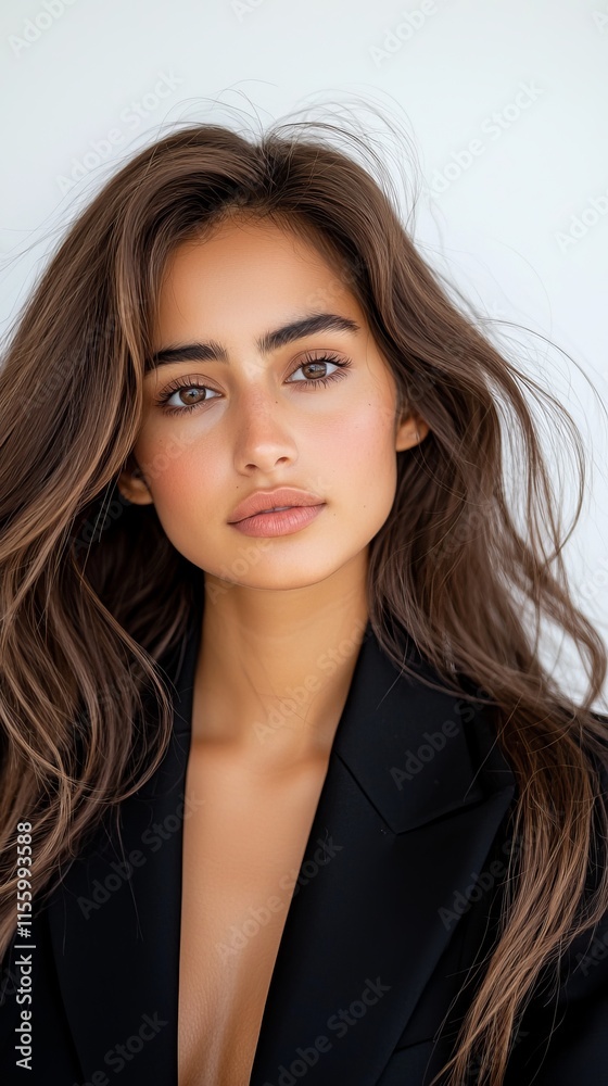 Naklejka premium A woman with long brown hair wearing a black blazer