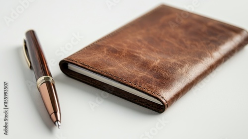 A luxury pen placed next to a leather notebook on a white isolated background