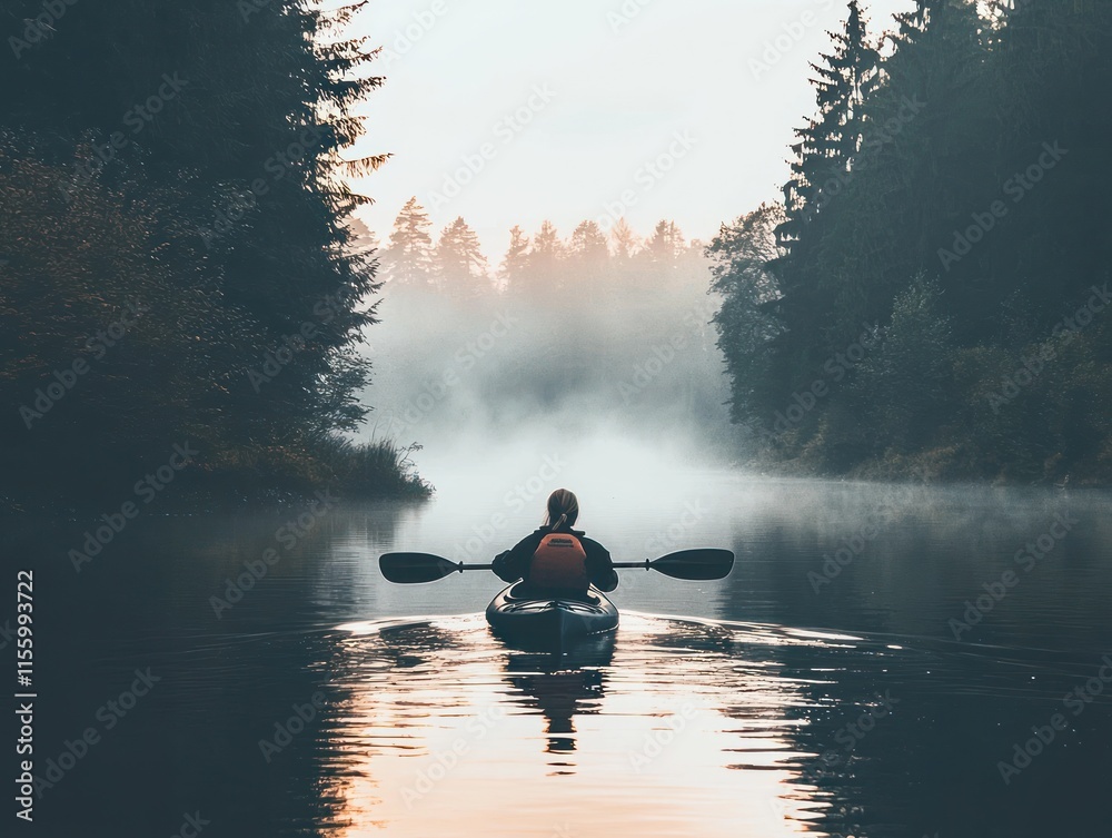 Solo kayaker paddling on a calm, misty lake at sunrise, surrounded by tall trees. Solo kayaker paddling on a calm, misty lake at sunrise, surrounded by tall trees.