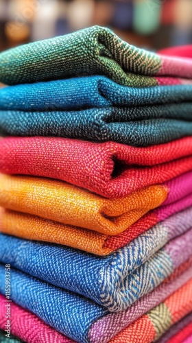 Vibrant collection of folded fabrics displayed on a wooden table in a warmly ...