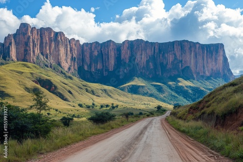 Majestic rock formations and winding dirt road in green valley under a bright sky photo