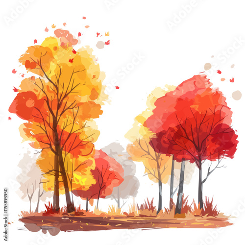 A watercolor painting of a forest clearing with bright red, yellow, and orange leaves, isolated on a white background. Forest vector.
